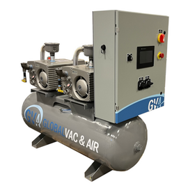 GlobalVac VR12B-XXD-20H, Duplex 12.1 HP Rotary Vane Vacuum System, 155 ACFM, 29.9" Ultimate Vacuum, 200 Gallon, 3-Phase
