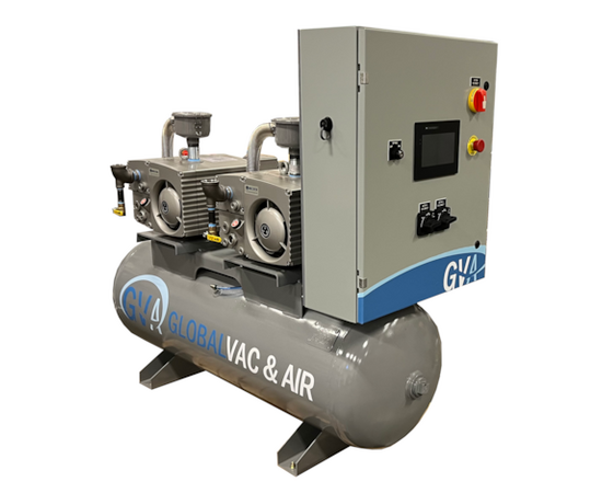 GlobalVac VR08B-XXD-20H, Duplex 8.9 HP Rotary Vane Vacuum System, 103 ACFM, 29.9" Ultimate Vacuum, 200 Gallon, 3-Phase